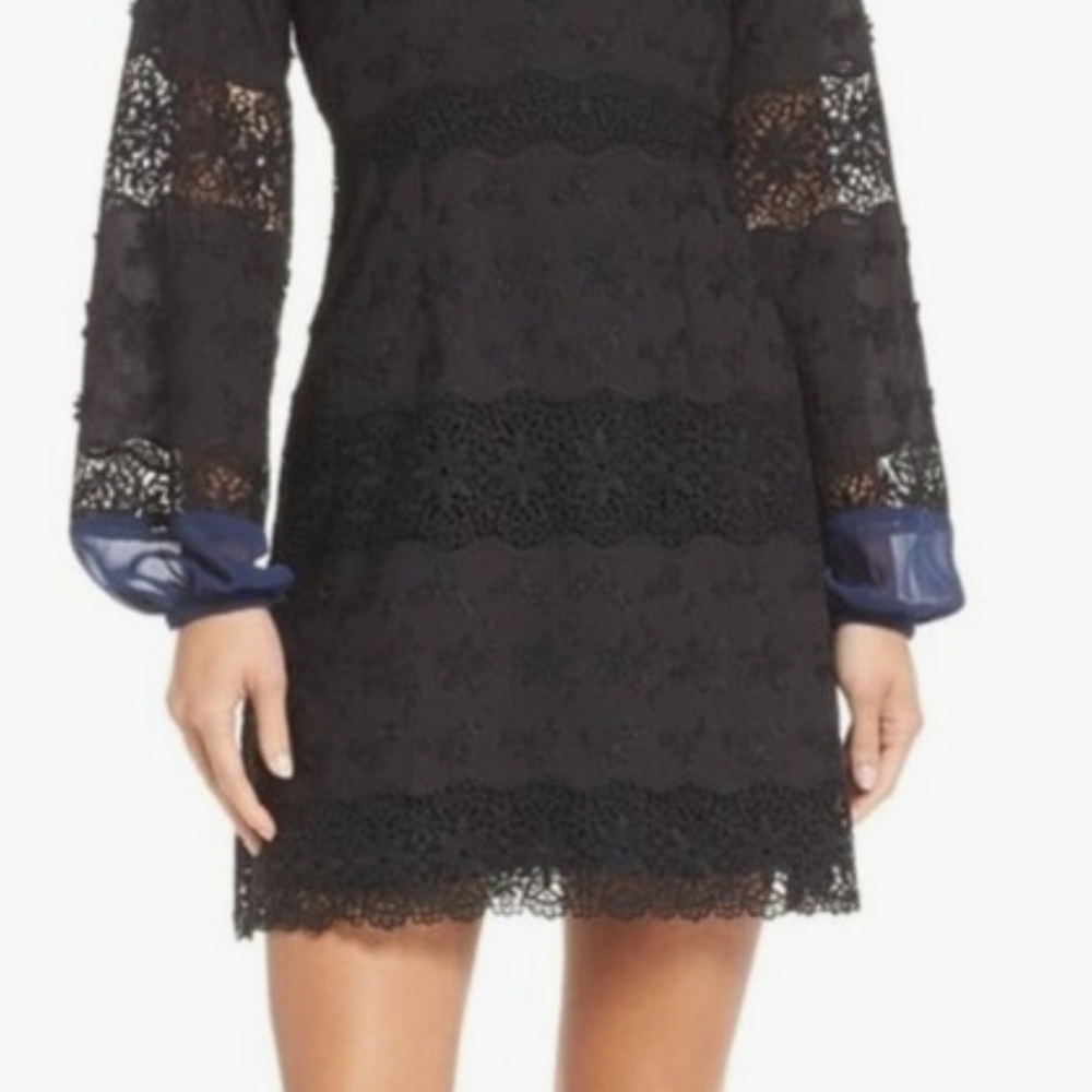 foxiedox Black Lace Long-Sleeve Mini Dress with Navy Cuffs